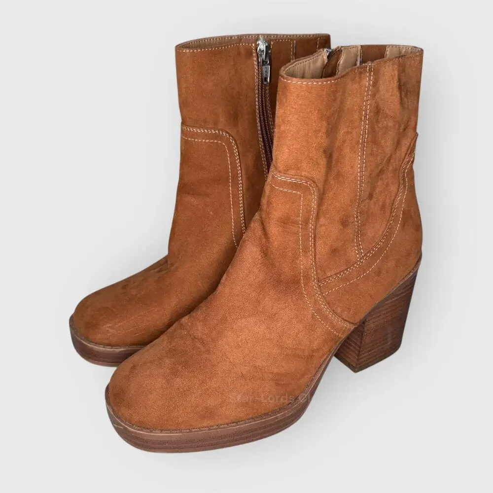 Brown Suede Ankle Boots Size 7.5 Block Heel Minimalist Western Chic